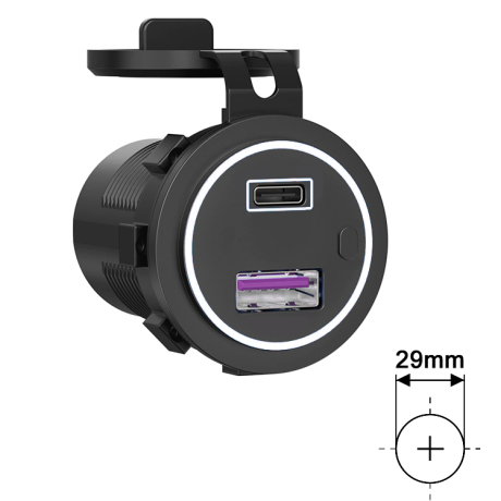 USB-C / USB-A Charging socket, 12/24V, 3.25A, Illuminated